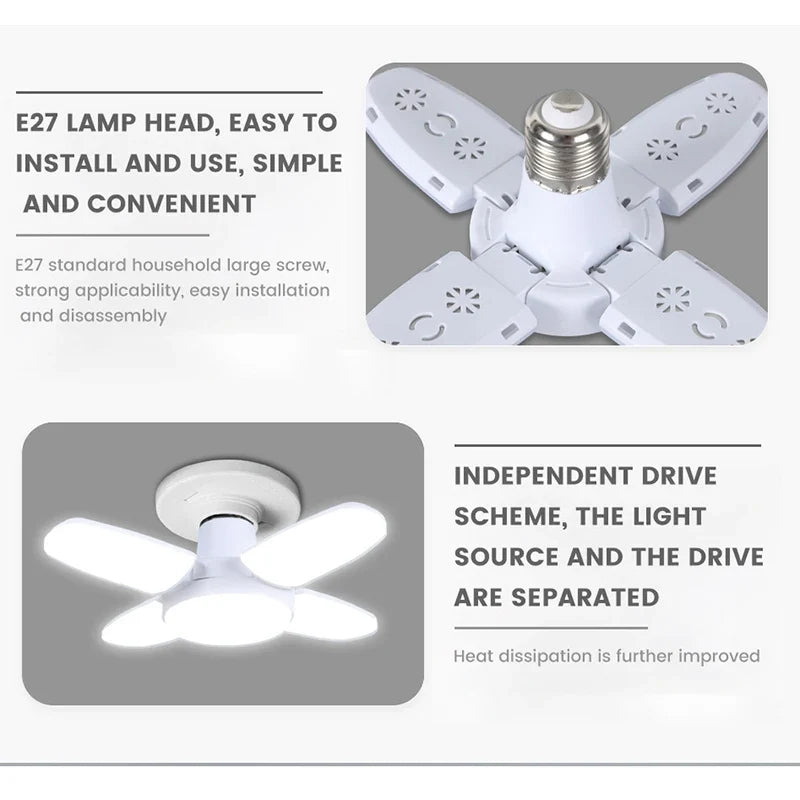 E27 Fan Shape Foldable 28W LED Bulb AC220V/110V Deformation for Home Ceiling Lights Warehouse and Garage White Light 6500K Bulb