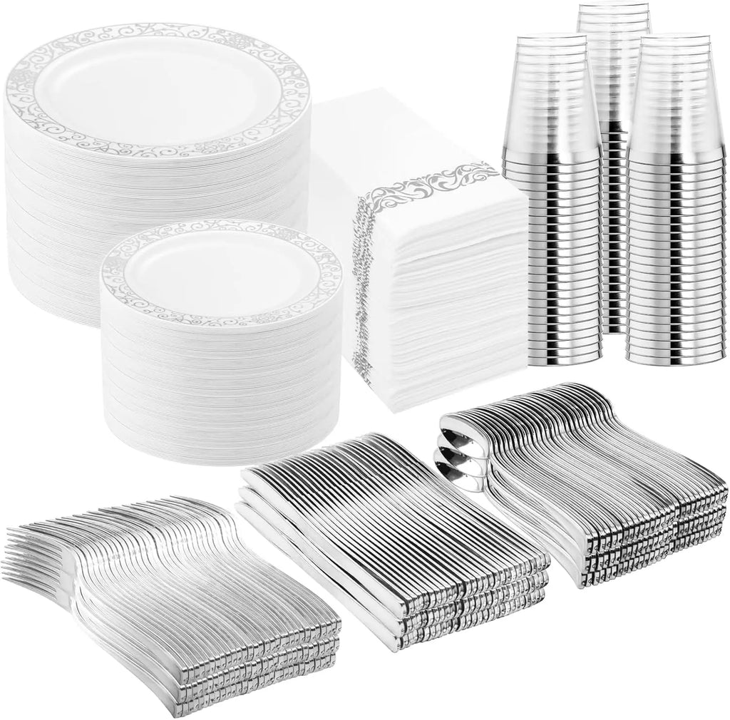 700 Disposable Plastic Dinnerware Set For 100 Guests Plates Cups Napkins Cutlery