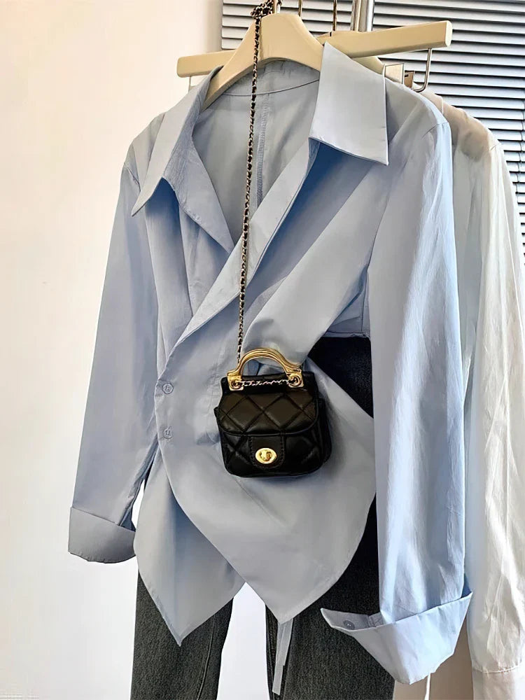 Designer Irregular Long sleeve Polo Shirt Women Tunic White Elegant Basic Top Blouse Ladies Fashion Work Wear Shirts
