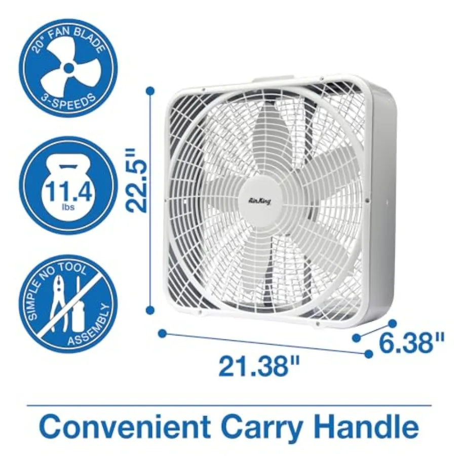 Box Fan Three Speed ABS Housing Quiet Remote Energy Efficient