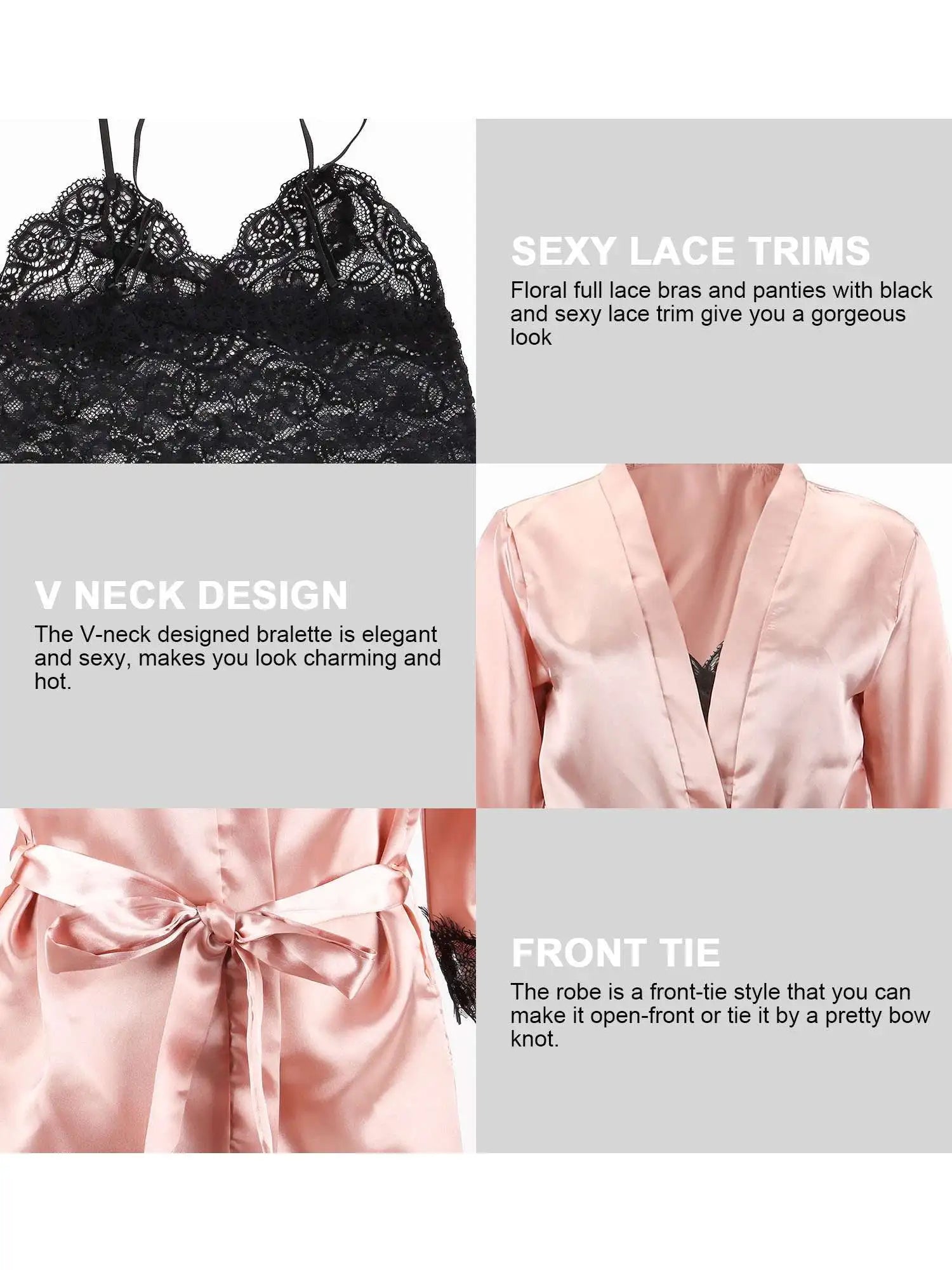 Women's Sexy Satin Lace 3PCS Sleepwear – Robe in Wine Red, Black & Pink for Romantic Look & Home Use
