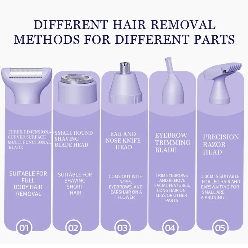 5 in 1 Electric Razor for Women Shaver Lady Shaver Body Hair Trimmer for Armpit Bikini Arm Leg Face Mustache Portable Painless