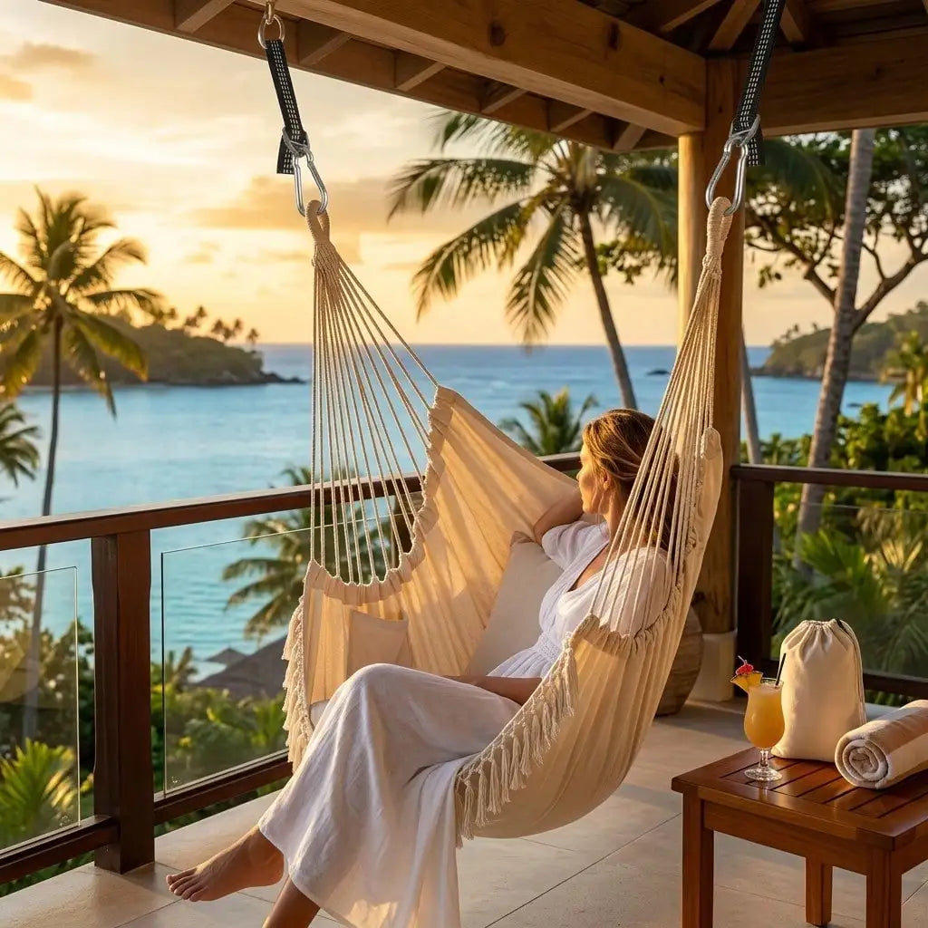 Boho Macrame Hanging Hammock Chair With Cushioned Seat
