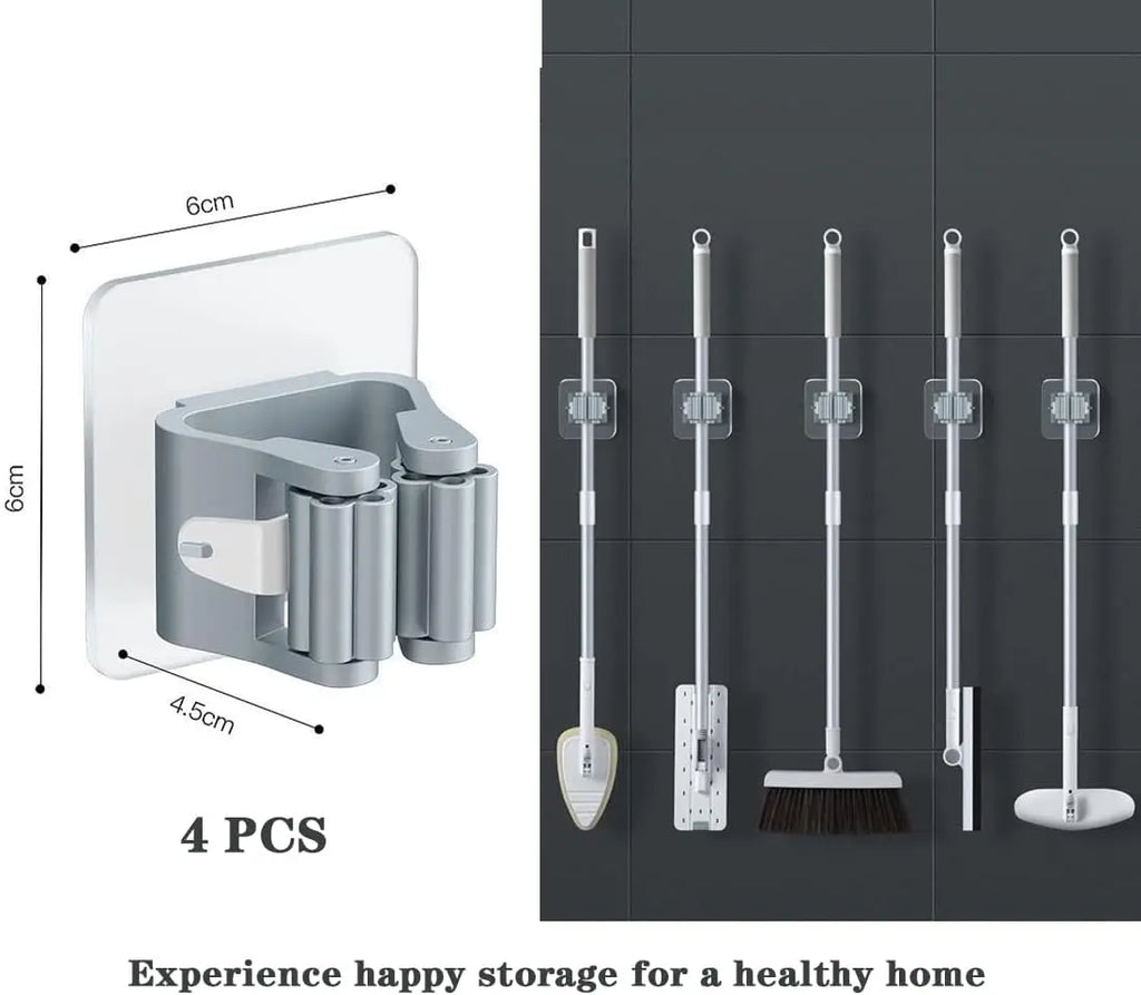 4Pcs Self Adhesive Mop Holder Broom Holder Wall Mounted White Mop And Broom Holder No Drill Wall Mounted Organizer Clip Wall Mou