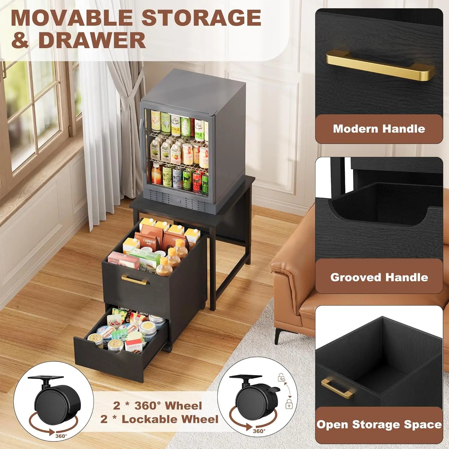 Mini Fridge Stand Freestanding Cabinet With Lockable Wheels