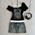 Women's 90s Vintage Punk T-Shirt Summer Streetwear Sexy Short Sleeve Gothic Slim Crop Top Hotgirl Casual Femme Tee Harajuku Y2k
