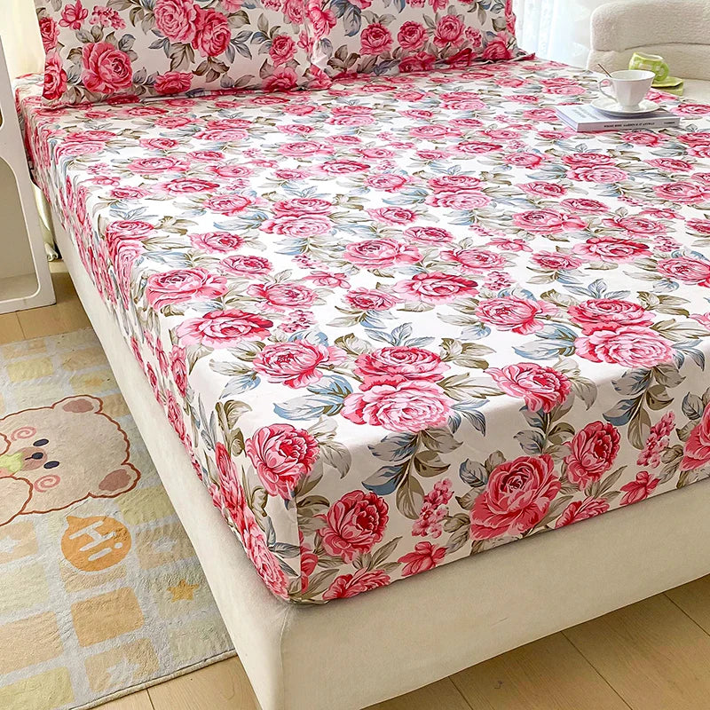 Red Flower Printed Bed Sheet Sets Queen/King Size sabanas cama matrimonial Reactive Printed Fitted Bedsheets for Double Bed