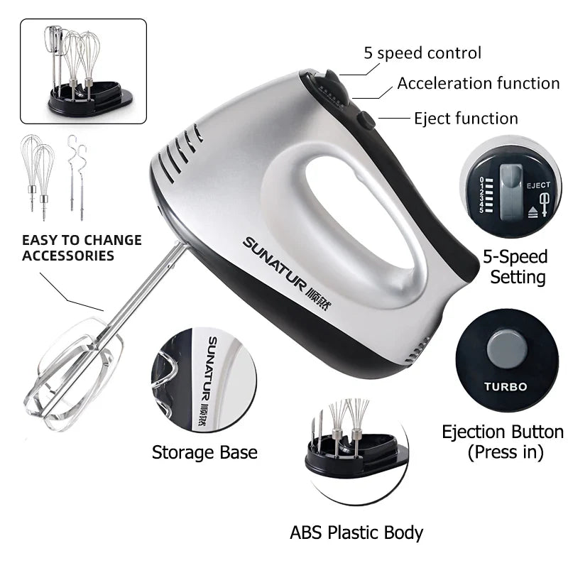 SUNATUR Hand Mixer 110-240V Blender 300W Electric Food Processor 3 in 1 Mixer Kitchen Appliances Machine Mixer for Baking
