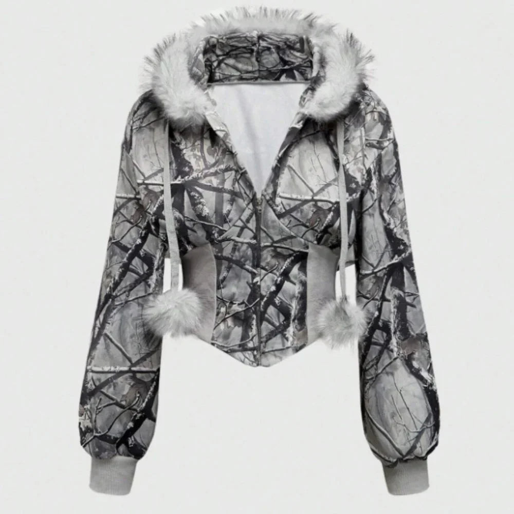 Winter Warm Gothic Print Hoodie Women's Clothin Faux Fur Crop Top Zip-Up Sweatshirt Fashion Y2K Streetwear Hooded Jacket 2026New