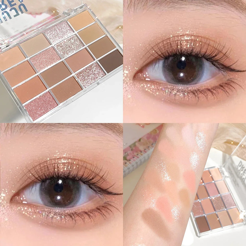 JUJU DREAM 16-Color Earth Tone Eyeshadow Matte & Shimmer Palette, Lying Silkworm Brightener for Soft Daily Makeup