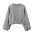 HXAO Outerwears Cropped Bomber Jacket Women Autumn Long Sleeve Faux Wool Coats For Woman Winter Zip Up Gray Beige Short Coats