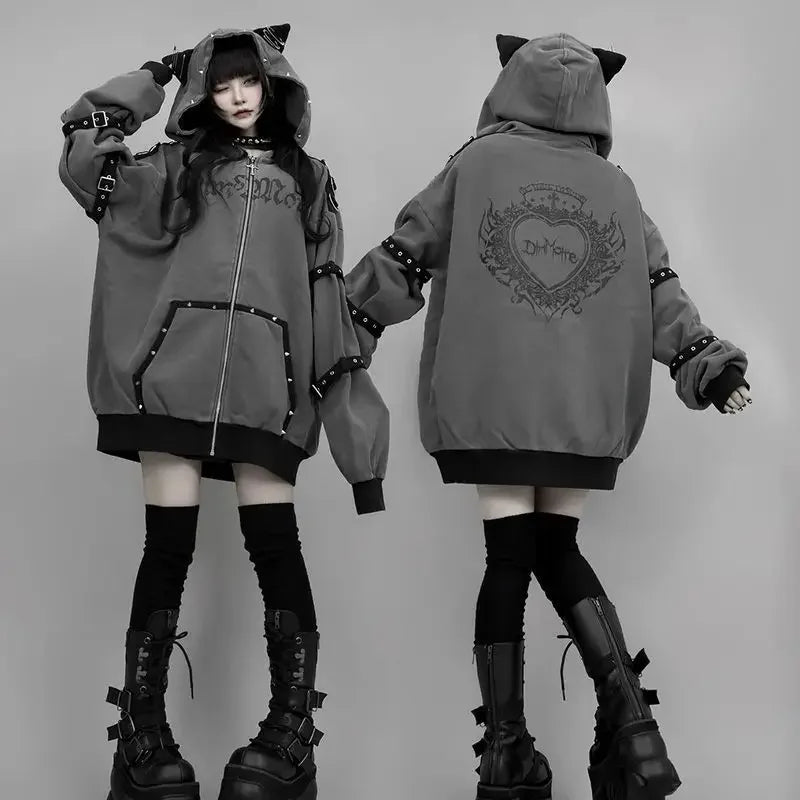 Streetwear Harajuku Hoodies Jackets Women's Clothing Hooded Punk Zipper Coat Japanese Rivet Print Fashion Casual Y2k Sweatshirts