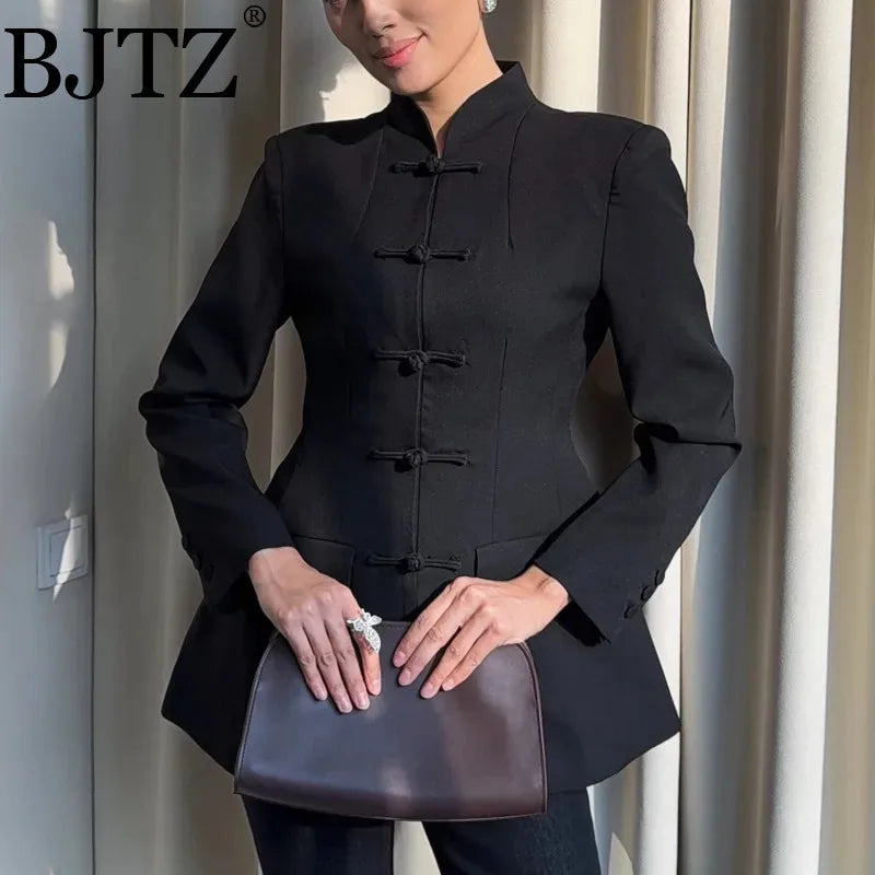 BJTZ Women Mandarin Collar Blazer Long Sleeve Frog Button Front Slim Fit Suit Jacket Casual Office Streetwear Elegant Outerwear