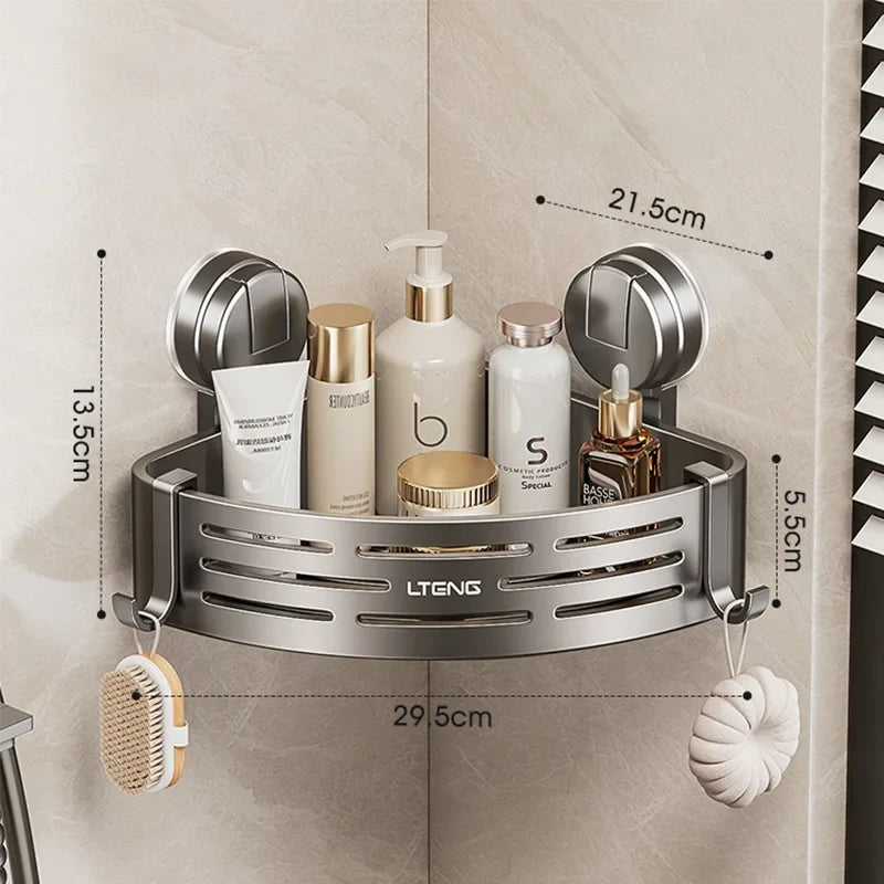 1-Pack Suction Cup Corner Shower Shelf - Stainless Steel, No-Drill, Anti-Rust, with Hooks for Bathroom Toiletries & Shower Gel
