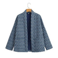Autumn Winter Blue Geometric Plaid Print V Collar Quilted Coat Ethnic Women Long Sleeve Oversized Jackets Loose Outwear
