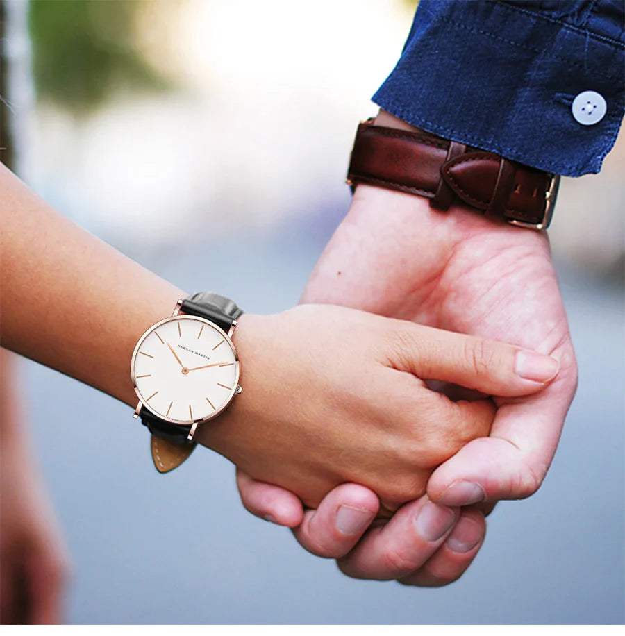 Dropshipping High Quality Rose Gold Dial Watch Men Leather Waterproof Wristwatch Women Dress Fashion Brand Quartz Movement Saat