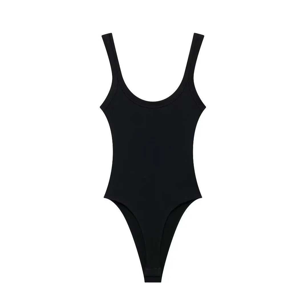 Women's Skinny Ribbed O-Neck Bodysuits with Straps Snap-Button Sexy Fashion Playsuits Comfortable Stretchy Female Clothing