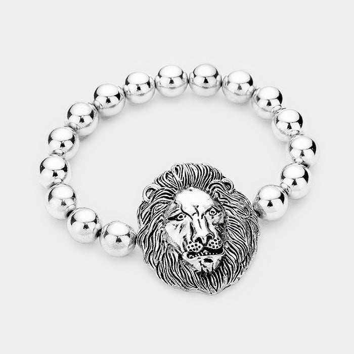 Lion Accented Metal Ball Stretch Bracelet