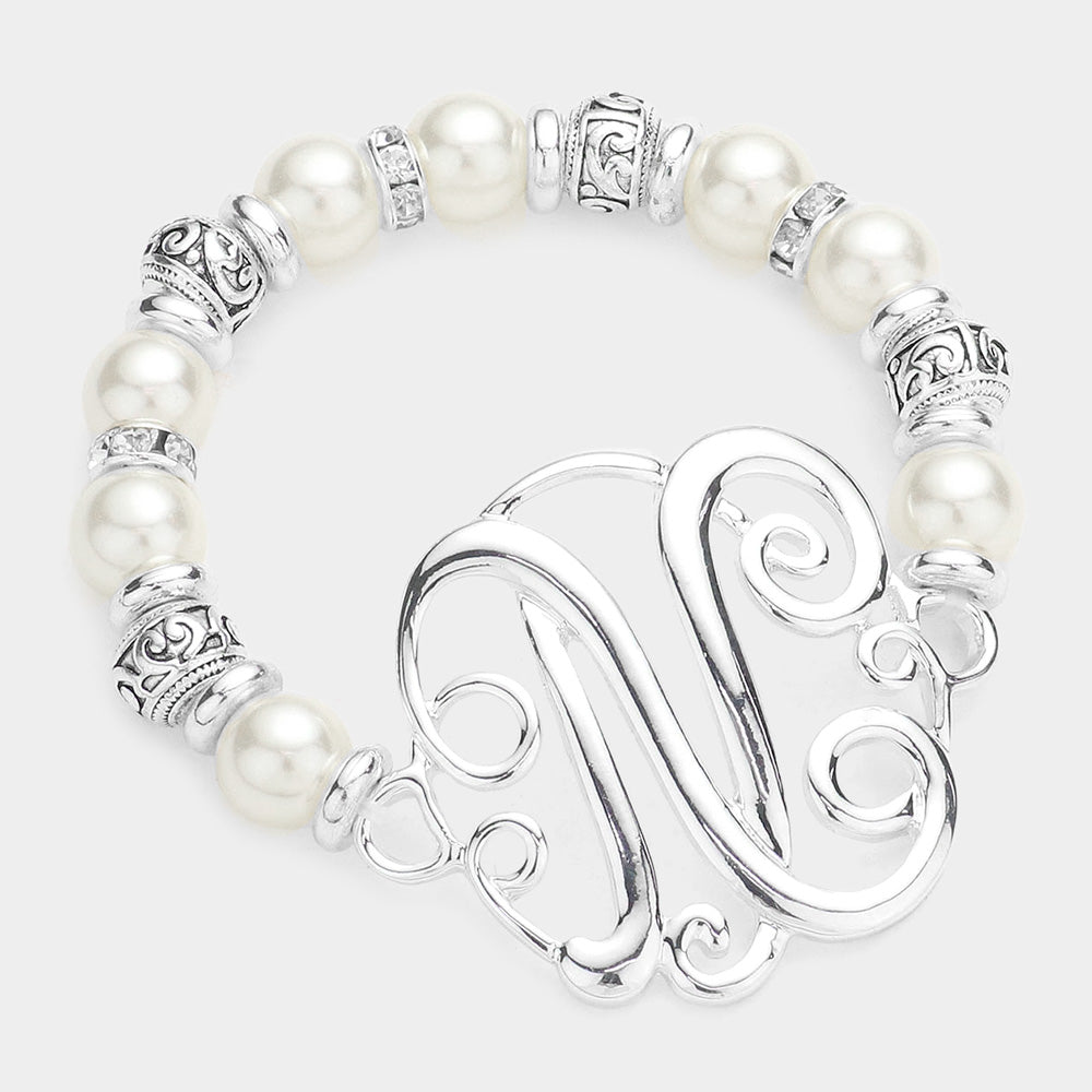 -N- Initial Monogram Charm Pearl Filigree Stretch Bracelet