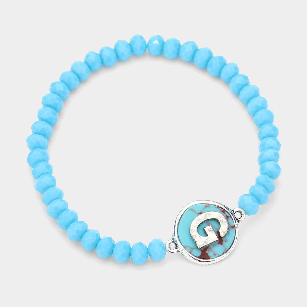 -G- Initial Monogram Turquoise Charm Faceted Beaded Stretch Bracelet