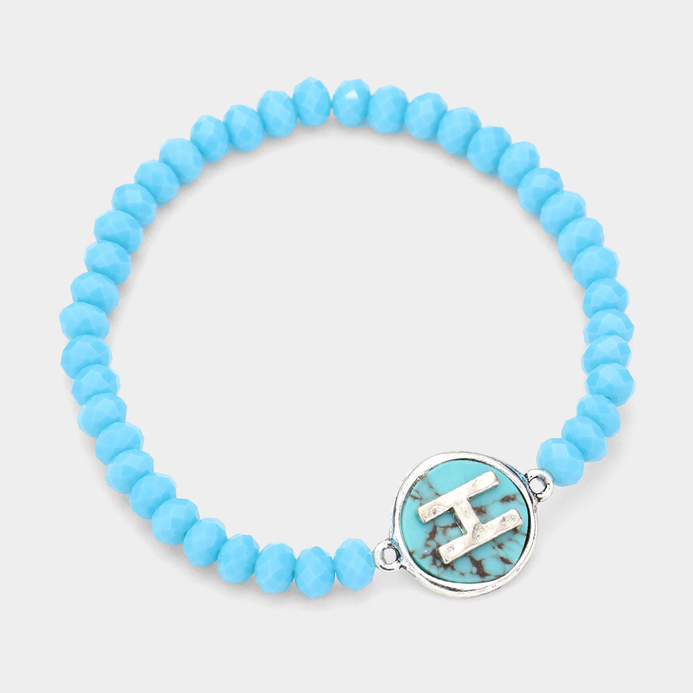 -H- Initial Monogram  Turquoise Charm Faceted Beaded Stretch Bracelet
