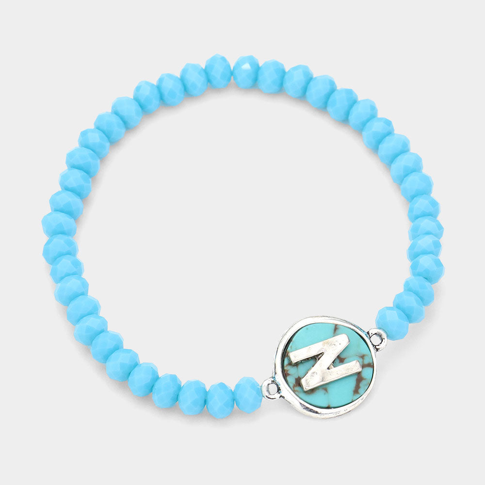 -N- Initial Monogram Turquoise Charm Faceted Beaded Stretch Bracelet
