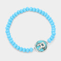 -R- Initial Monogram Turquoise Charm Faceted Beaded Stretch Bracelet
