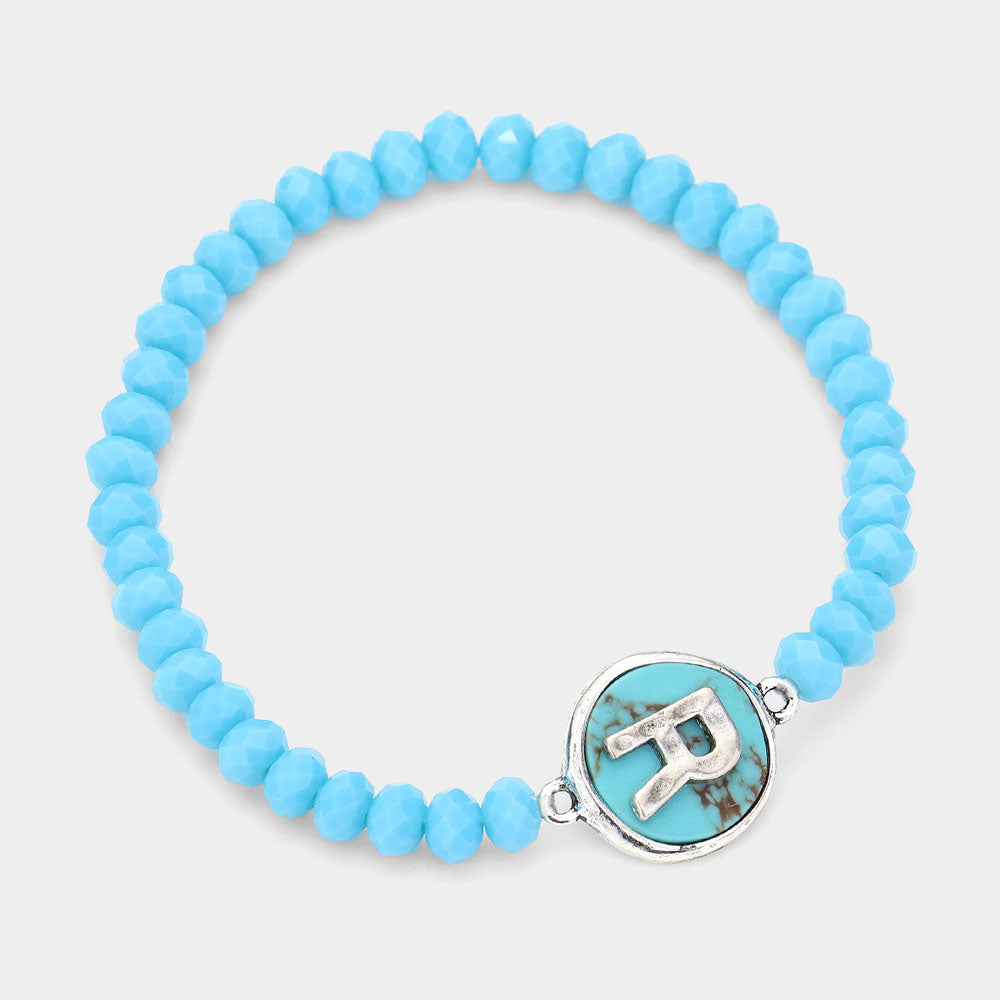 -R- Initial Monogram Turquoise Charm Faceted Beaded Stretch Bracelet