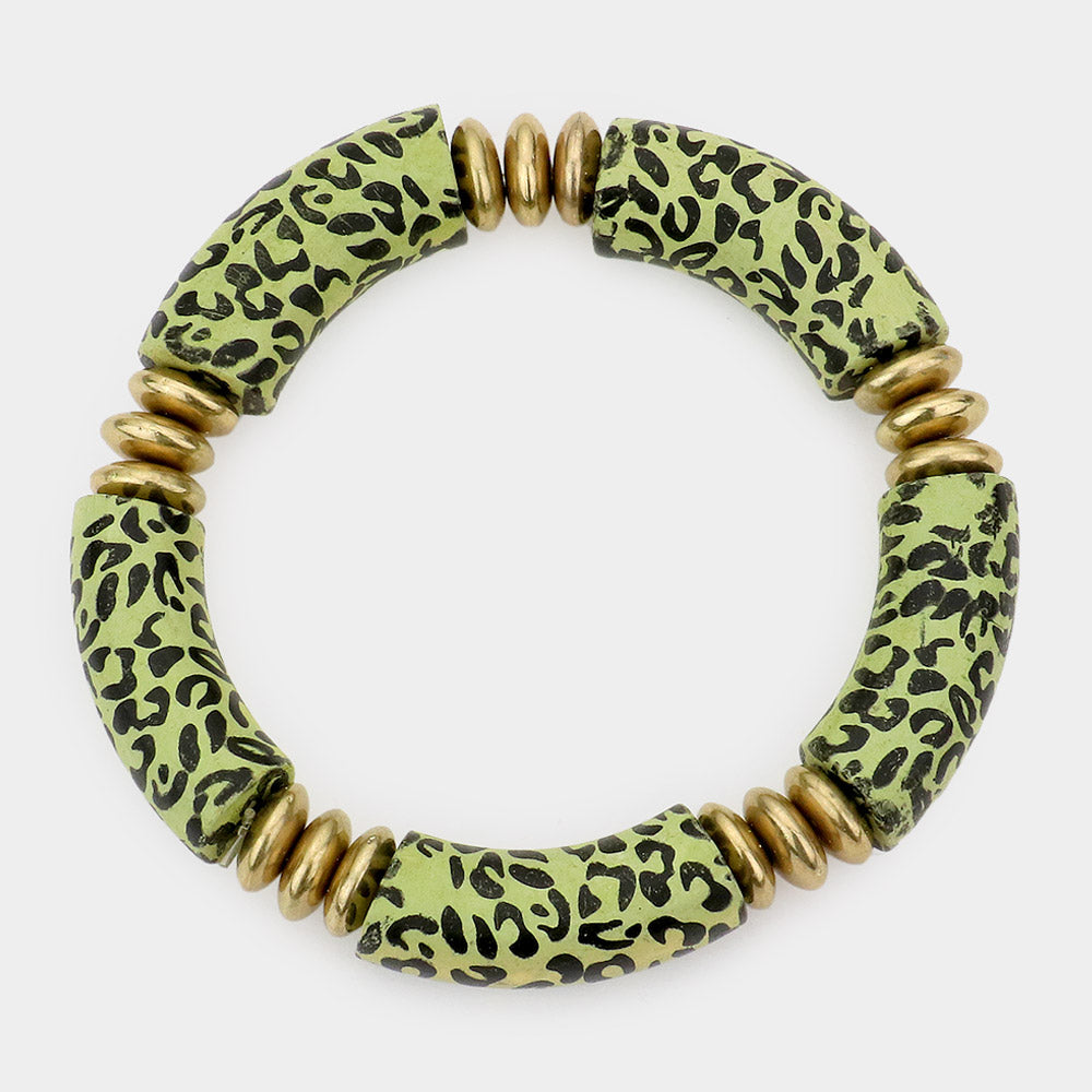 Leopard Patterned Wood Stretch Bracelet