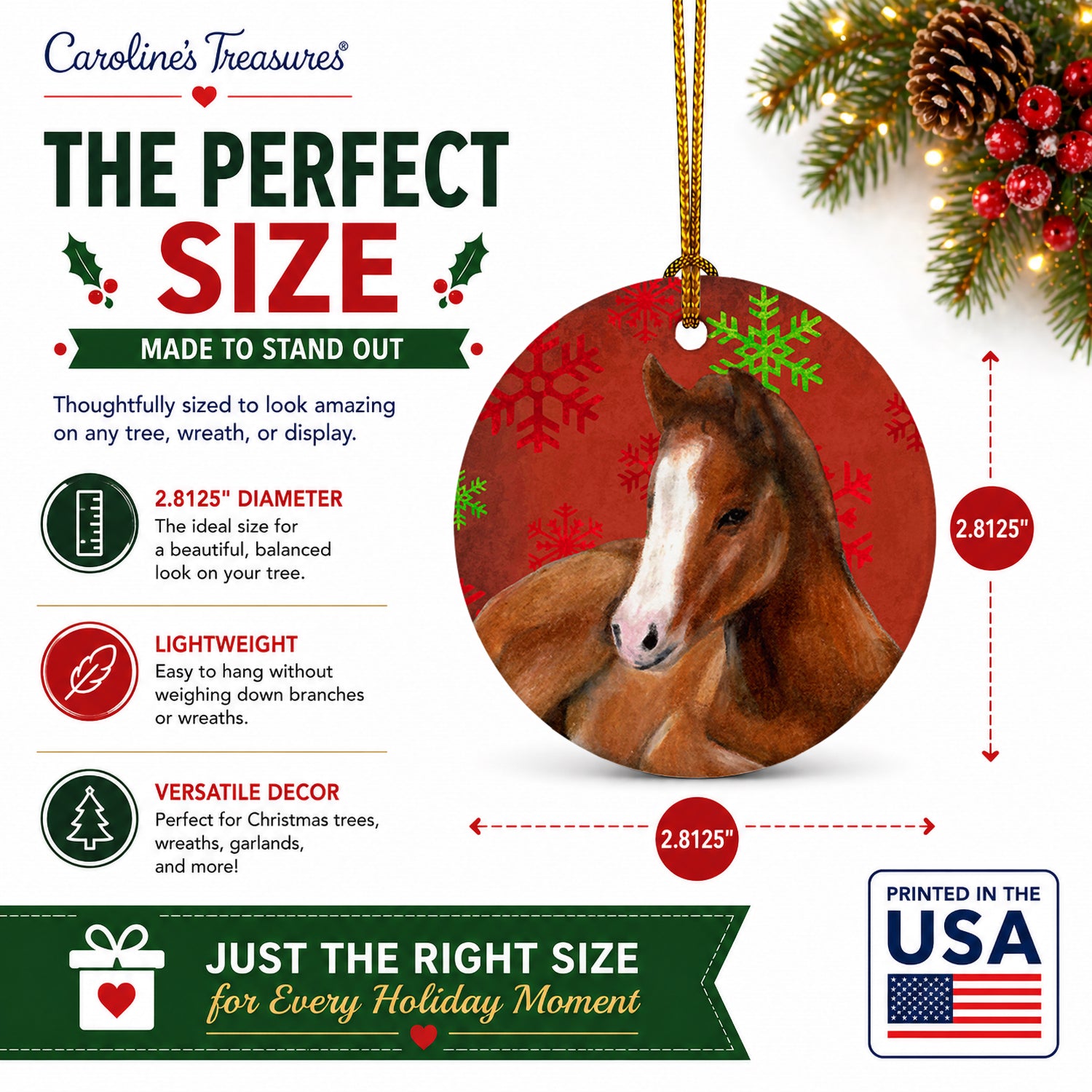 Horse Foal Red Snowflakes Holiday Christmas  Ceramic Ornament Christmas Tree Hanging Decorations for Home Christmas Holiday, Party, Gift, 3 in, Multicolor