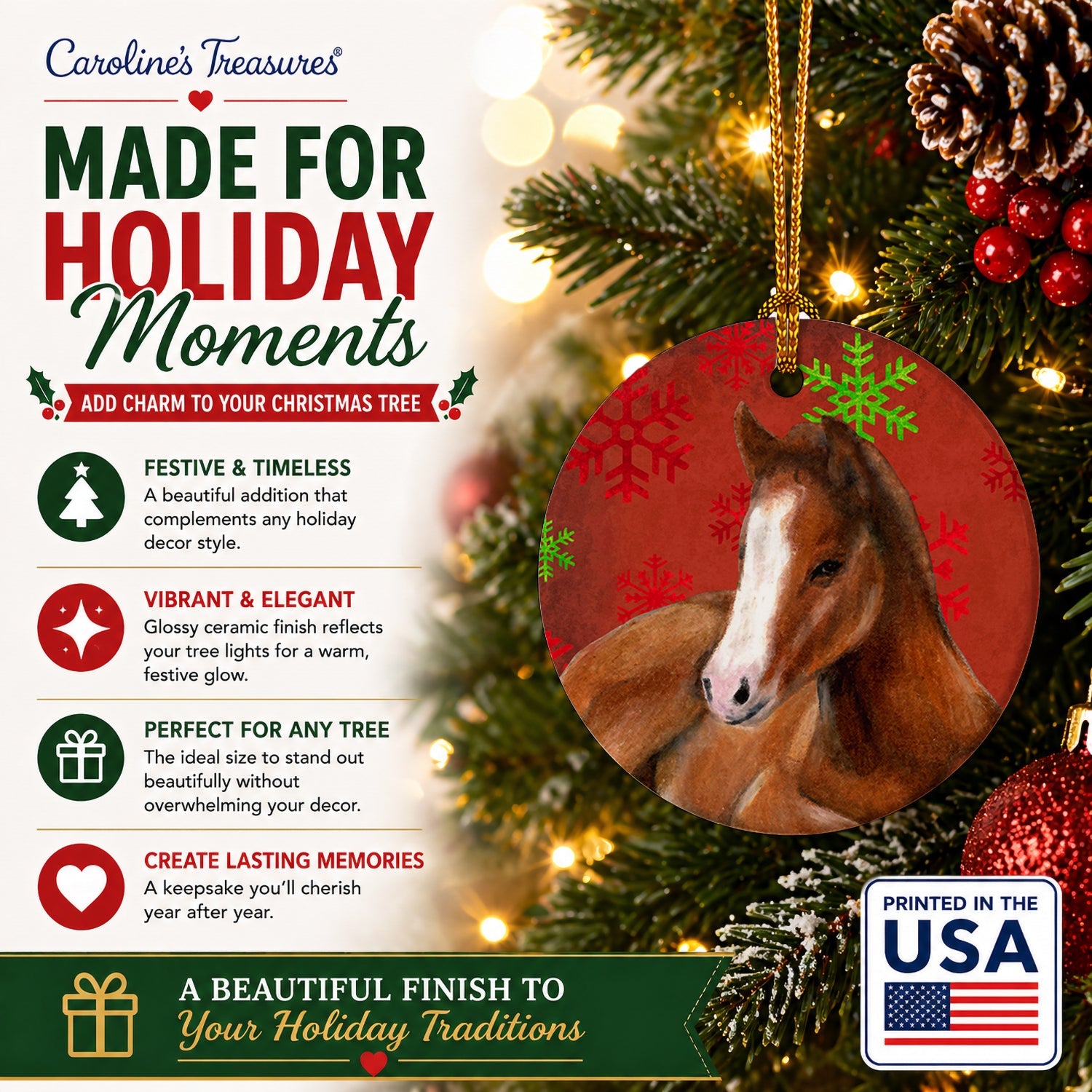 Horse Foal Red Snowflakes Holiday Christmas  Ceramic Ornament Christmas Tree Hanging Decorations for Home Christmas Holiday, Party, Gift, 3 in, Multicolor