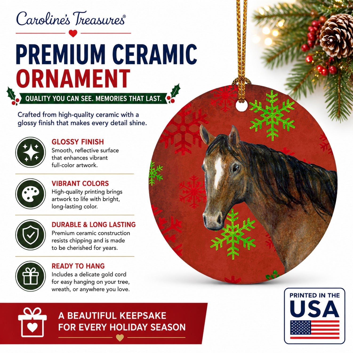 Horse Red Snowflakes Holiday Christmas  Ceramic Ornament Christmas Tree Hanging Decorations for Home Christmas Holiday, Party, Gift, 3 in, Multicolor