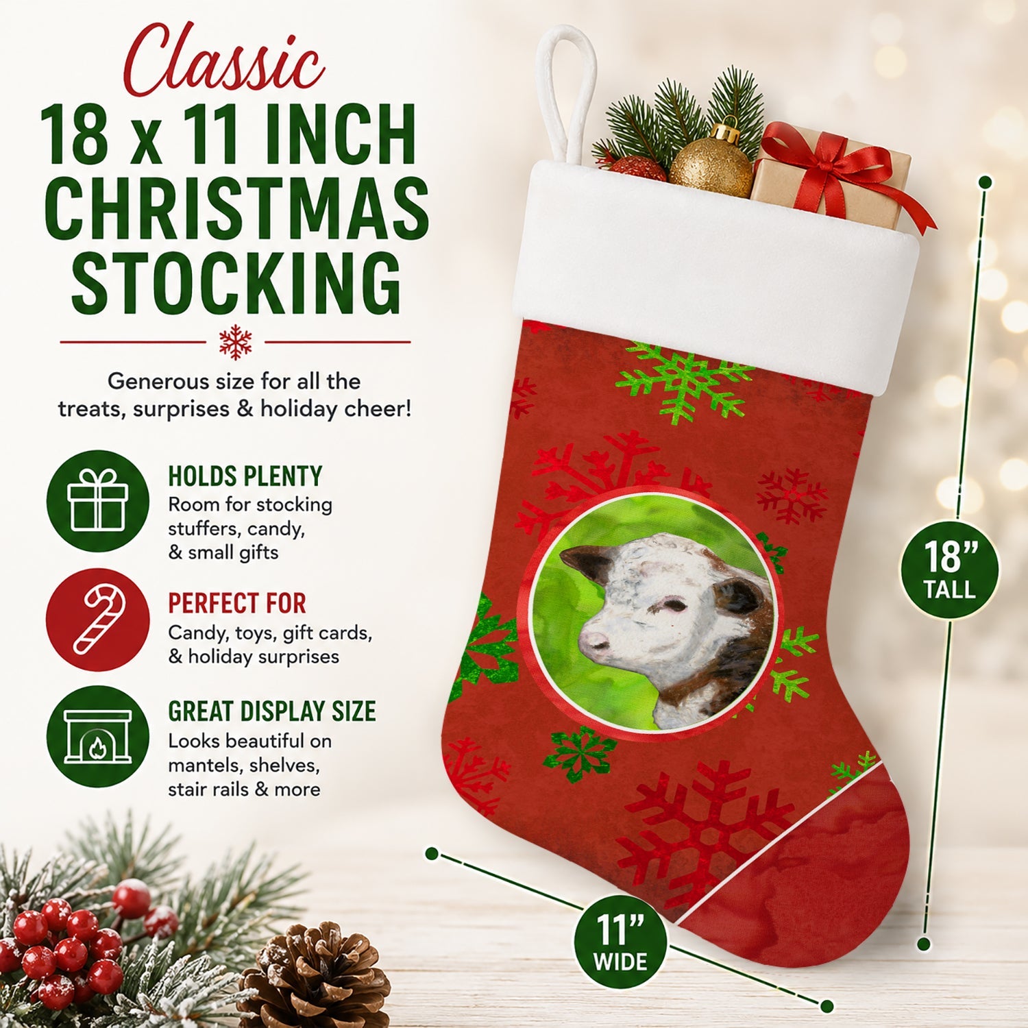 Baby Calf Red Snowflakes Holiday Christmas  Holiday Stocking Double-Sided Print, Polyester Suede,11x18, Made in USA