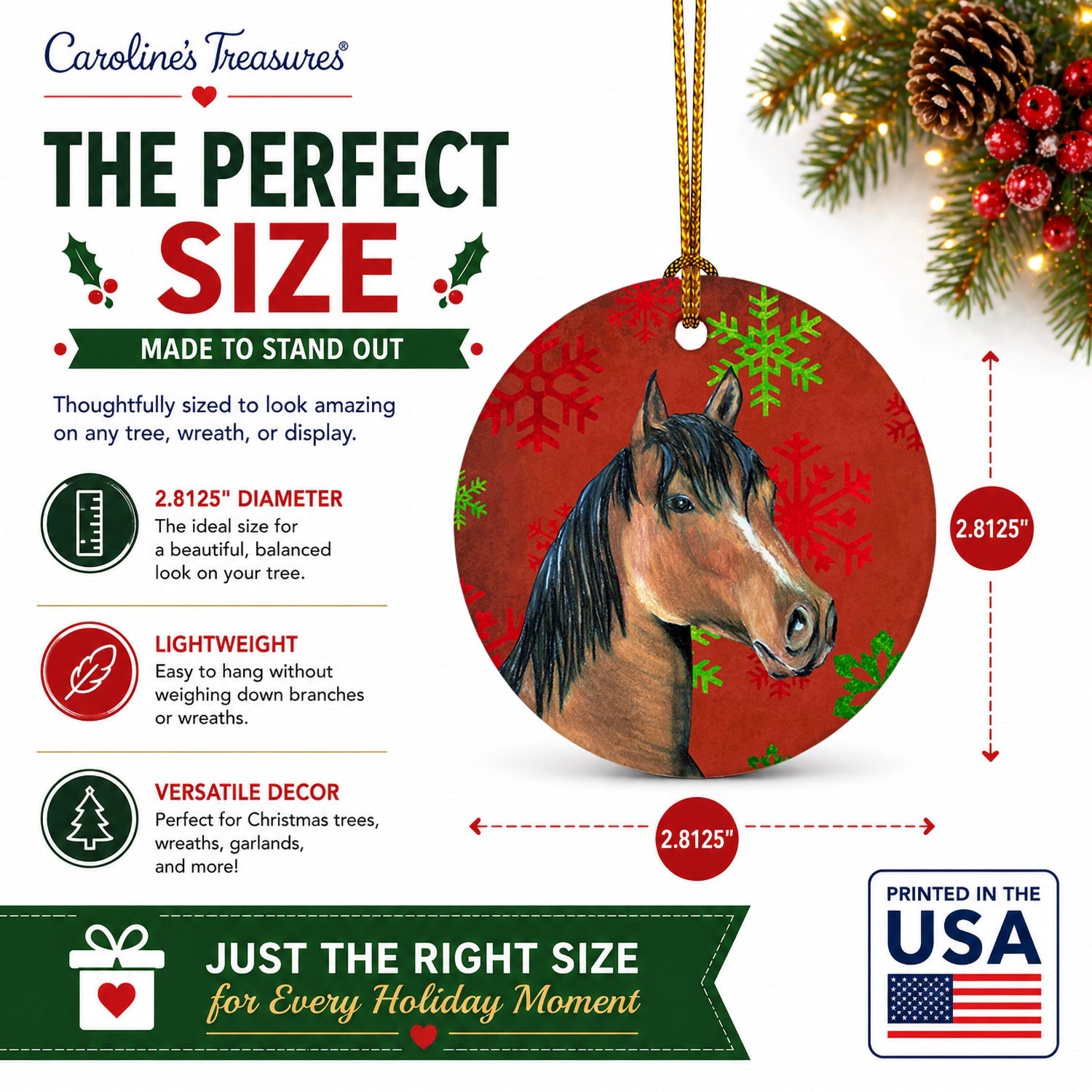 Horse Red Snowflakes Holiday Christmas  Ceramic Ornament Christmas Tree Hanging Decorations for Home Christmas Holiday, Party, Gift, 3 in, Multicolor