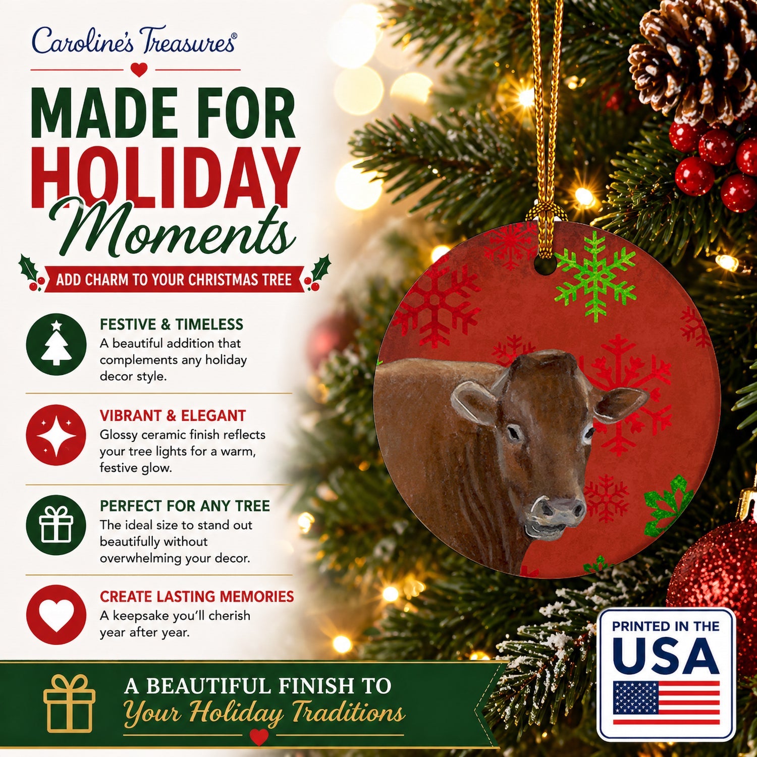 Cow Red Snowflakes Holiday Christmas  Ceramic Ornament Christmas Tree Hanging Decorations for Home Christmas Holiday, Party, Gift, 3 in, Multicolor