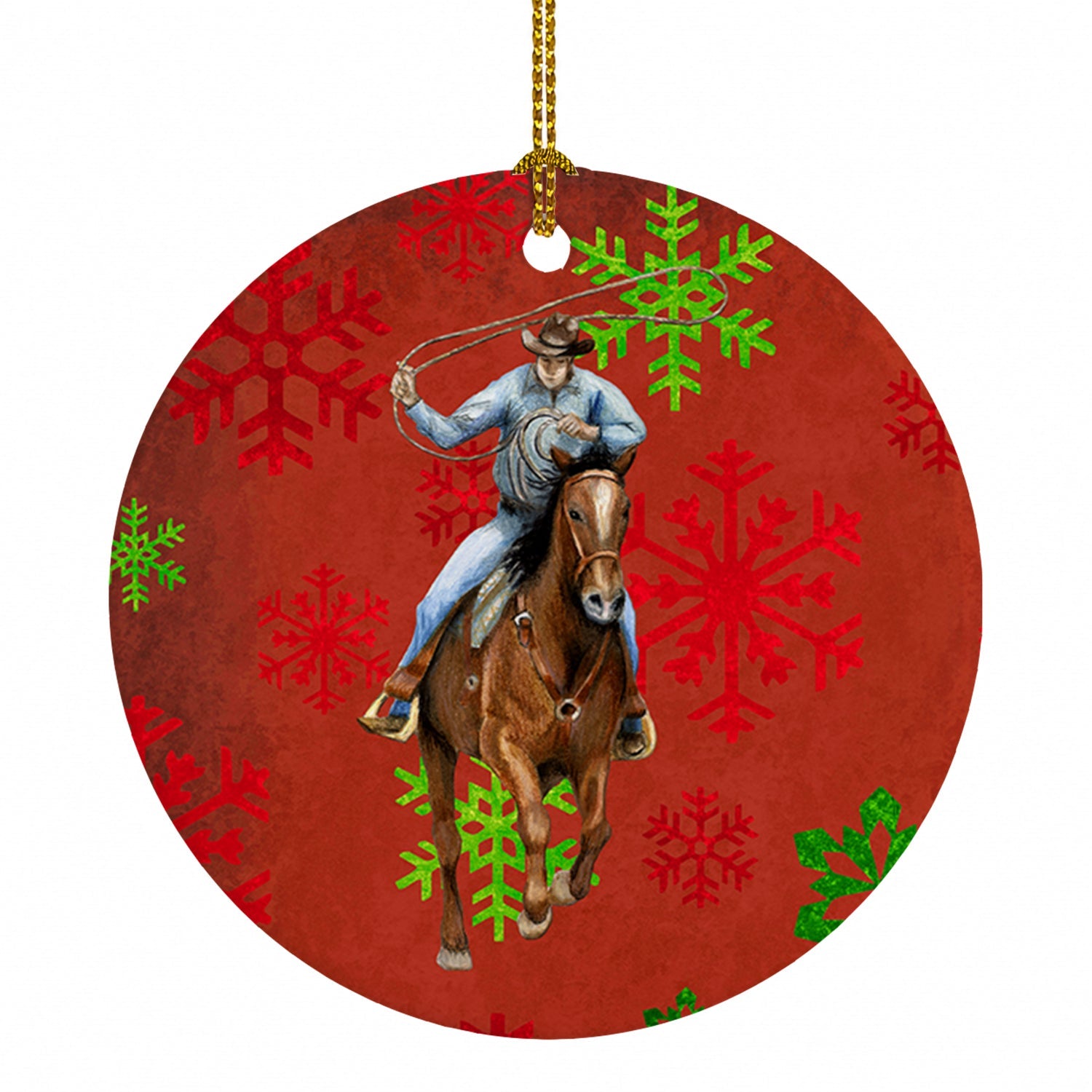Horse Roper Red Snowflakes Holiday Christmas  Ceramic Ornament Christmas Tree Hanging Decorations for Home Christmas Holiday, Party, Gift, 3 in, Multicolor