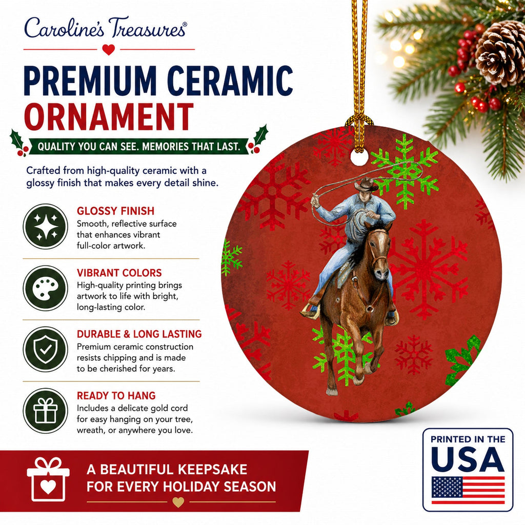 Horse Roper Red Snowflakes Holiday Christmas  Ceramic Ornament Christmas Tree Hanging Decorations for Home Christmas Holiday, Party, Gift, 3 in, Multicolor