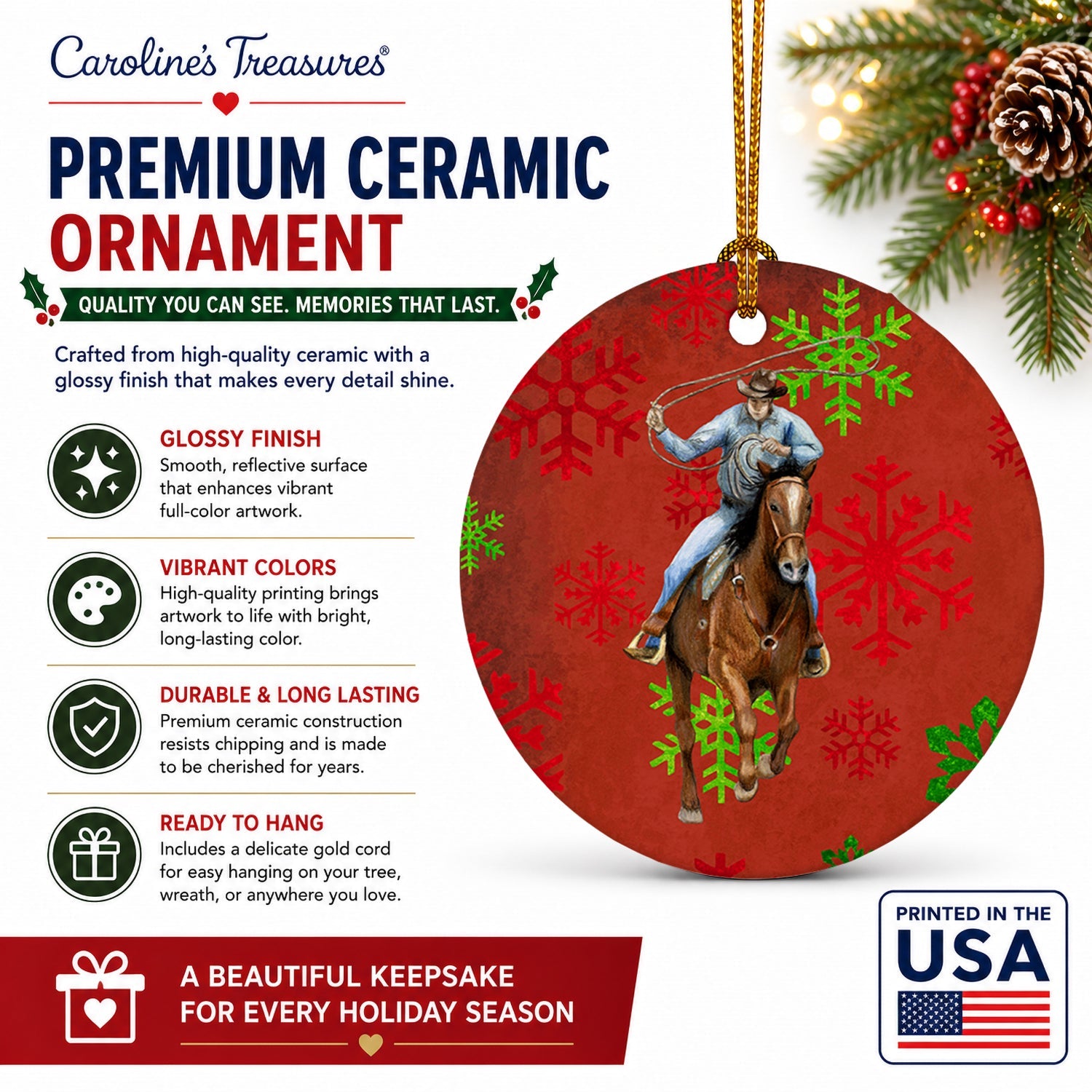 Horse Roper Red Snowflakes Holiday Christmas  Ceramic Ornament Christmas Tree Hanging Decorations for Home Christmas Holiday, Party, Gift, 3 in, Multicolor