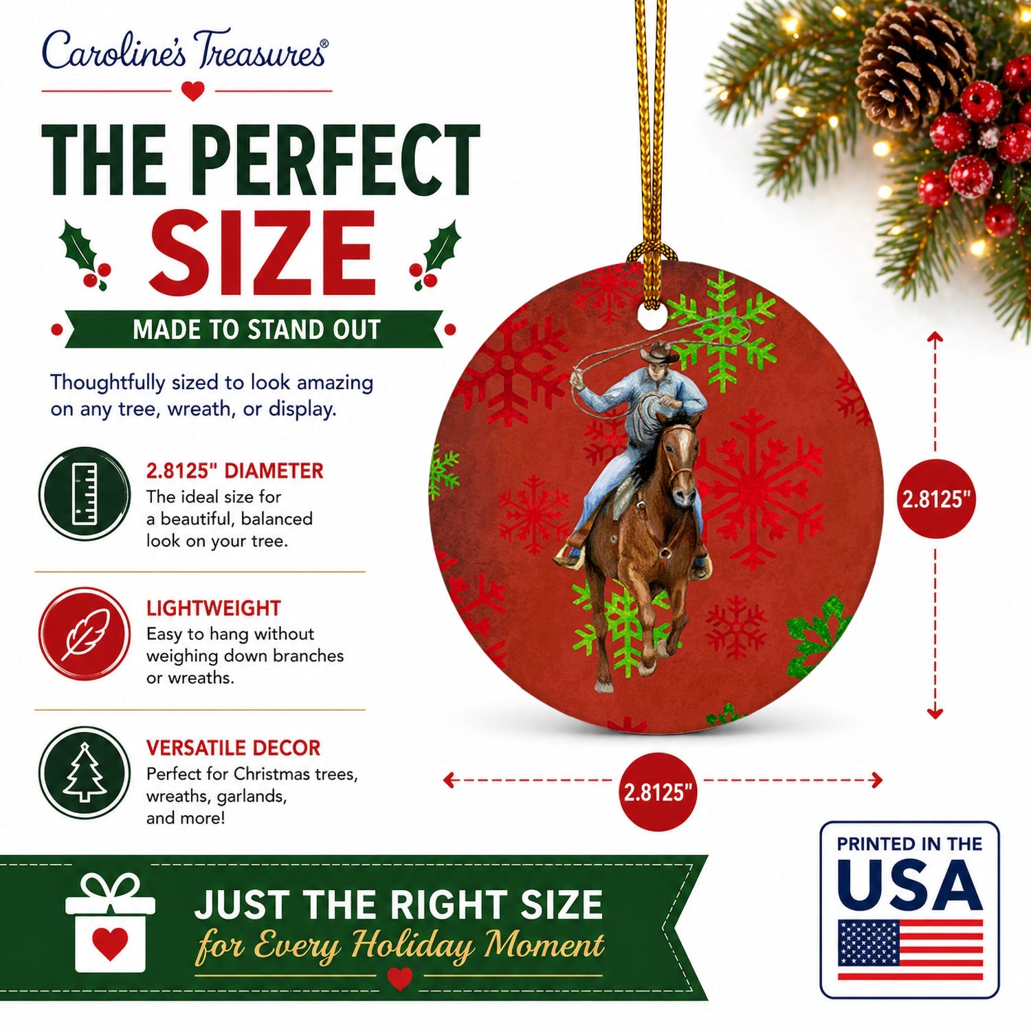 Horse Roper Red Snowflakes Holiday Christmas  Ceramic Ornament Christmas Tree Hanging Decorations for Home Christmas Holiday, Party, Gift, 3 in, Multicolor