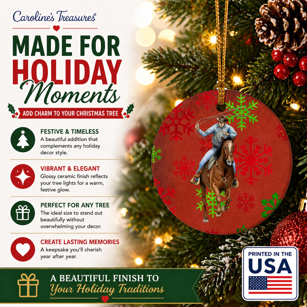 Horse Roper Red Snowflakes Holiday Christmas  Ceramic Ornament Christmas Tree Hanging Decorations for Home Christmas Holiday, Party, Gift, 3 in, Multicolor