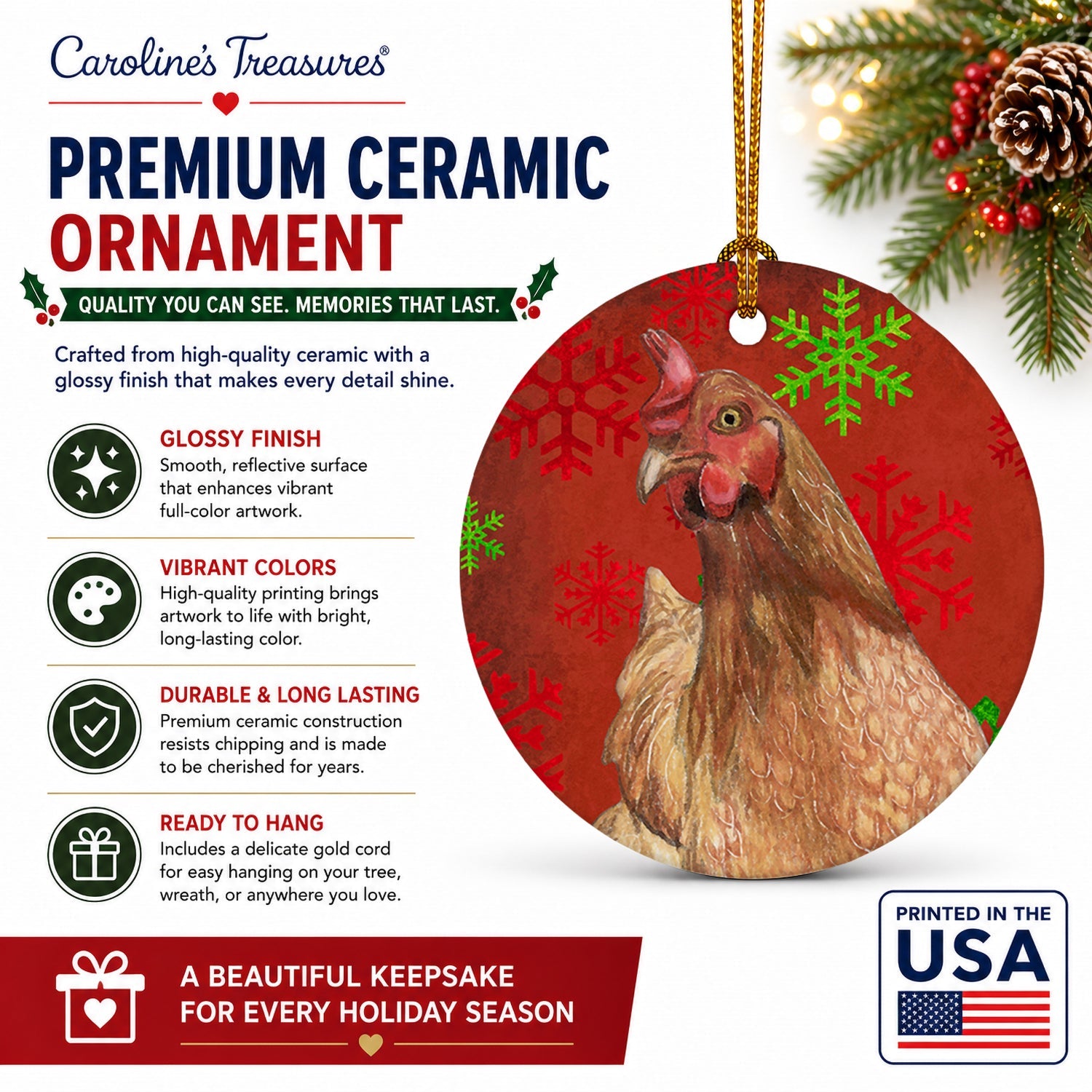 Chicken Red Snowflakes Holiday Christmas  Ceramic Ornament Christmas Tree Hanging Decorations for Home Christmas Holiday, Party, Gift, 3 in, Multicolor
