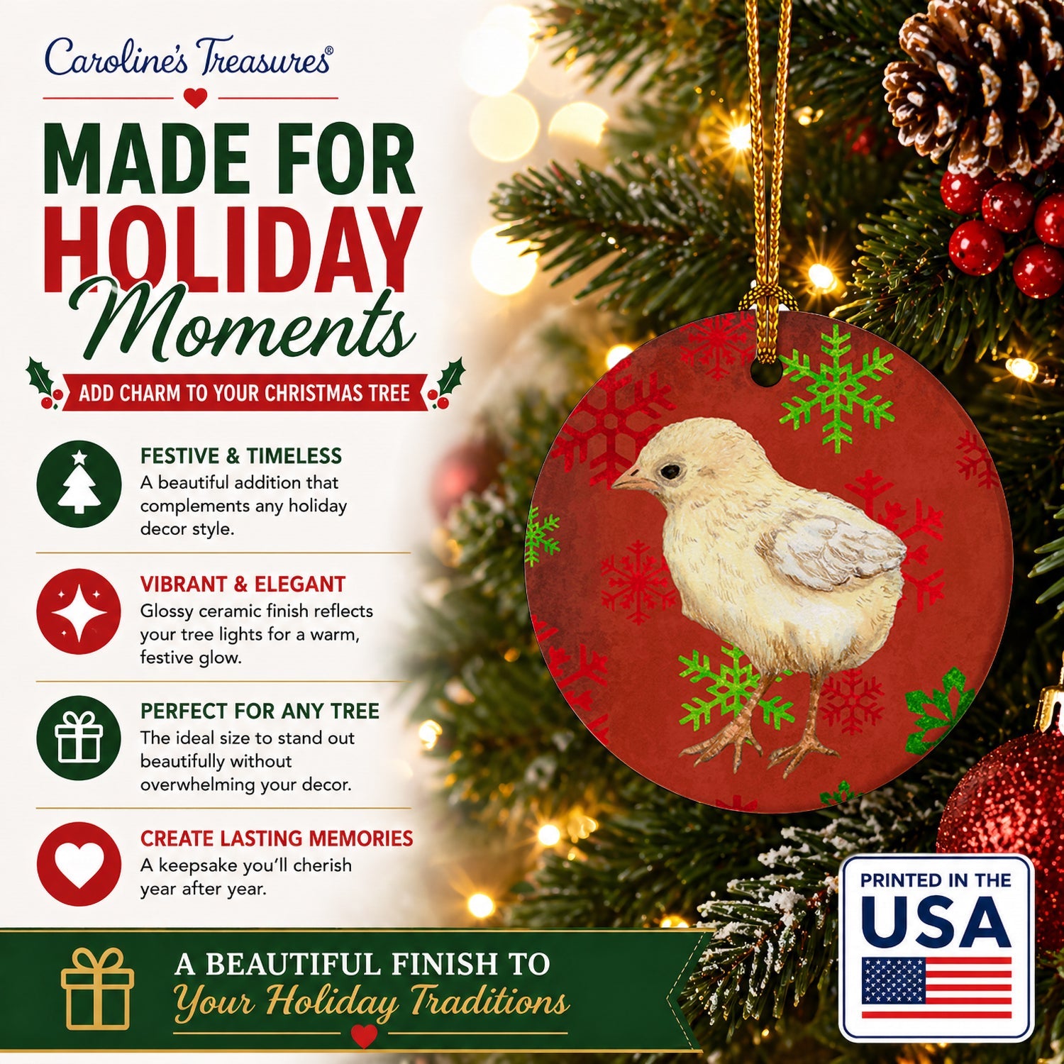 Baby Chick Red Snowflakes Holiday Christmas  Ceramic Ornament Christmas Tree Hanging Decorations for Home Christmas Holiday, Party, Gift, 3 in, Multicolor