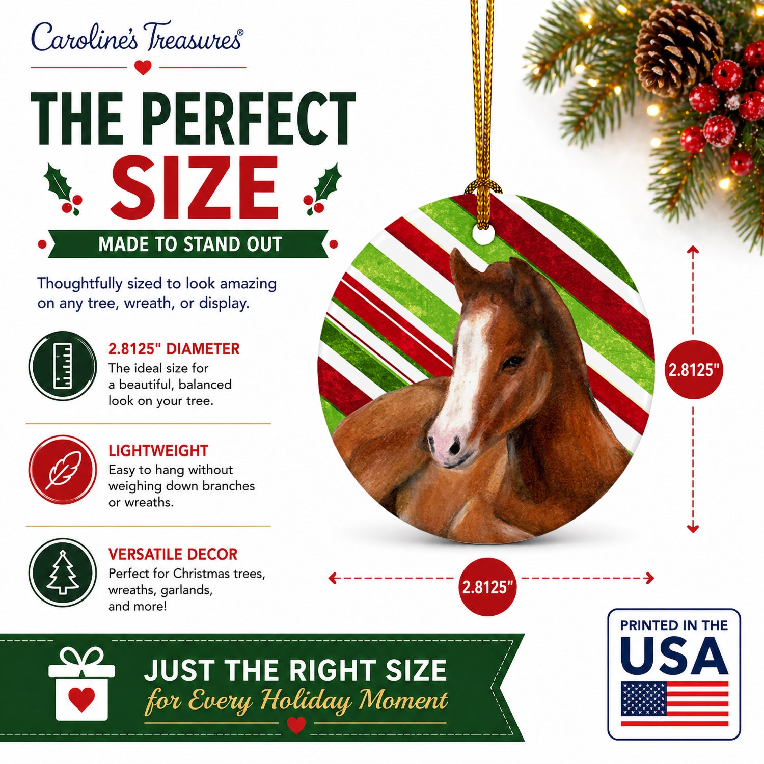 Horse Foal Candy Cane Holiday Christmas Ceramic Ornament Christmas Tree Hanging Decorations for Home Christmas Holiday, Party, Gift, 3 in, Multicolor