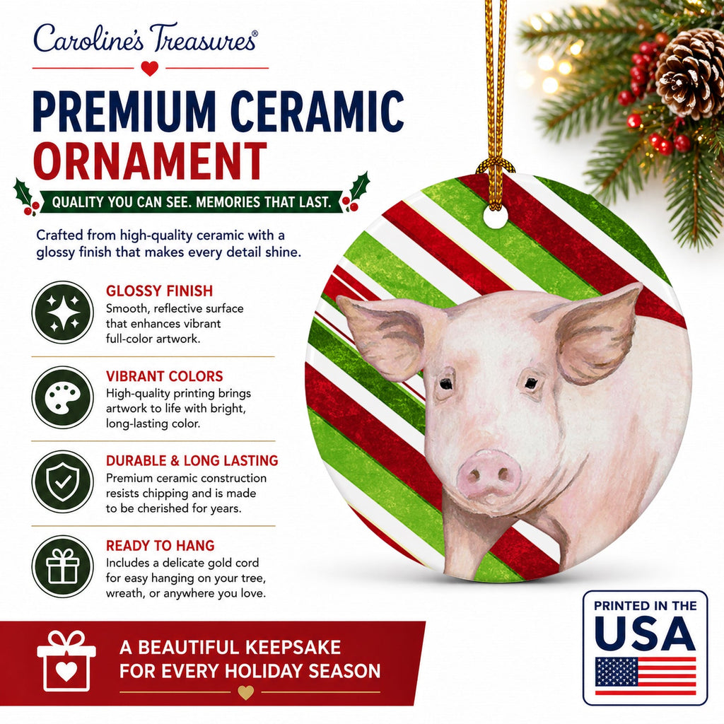 Pig Candy Cane Holiday Christmas Ceramic Ornament Christmas Tree Hanging Decorations for Home Christmas Holiday, Party, Gift, 3 in, Multicolor