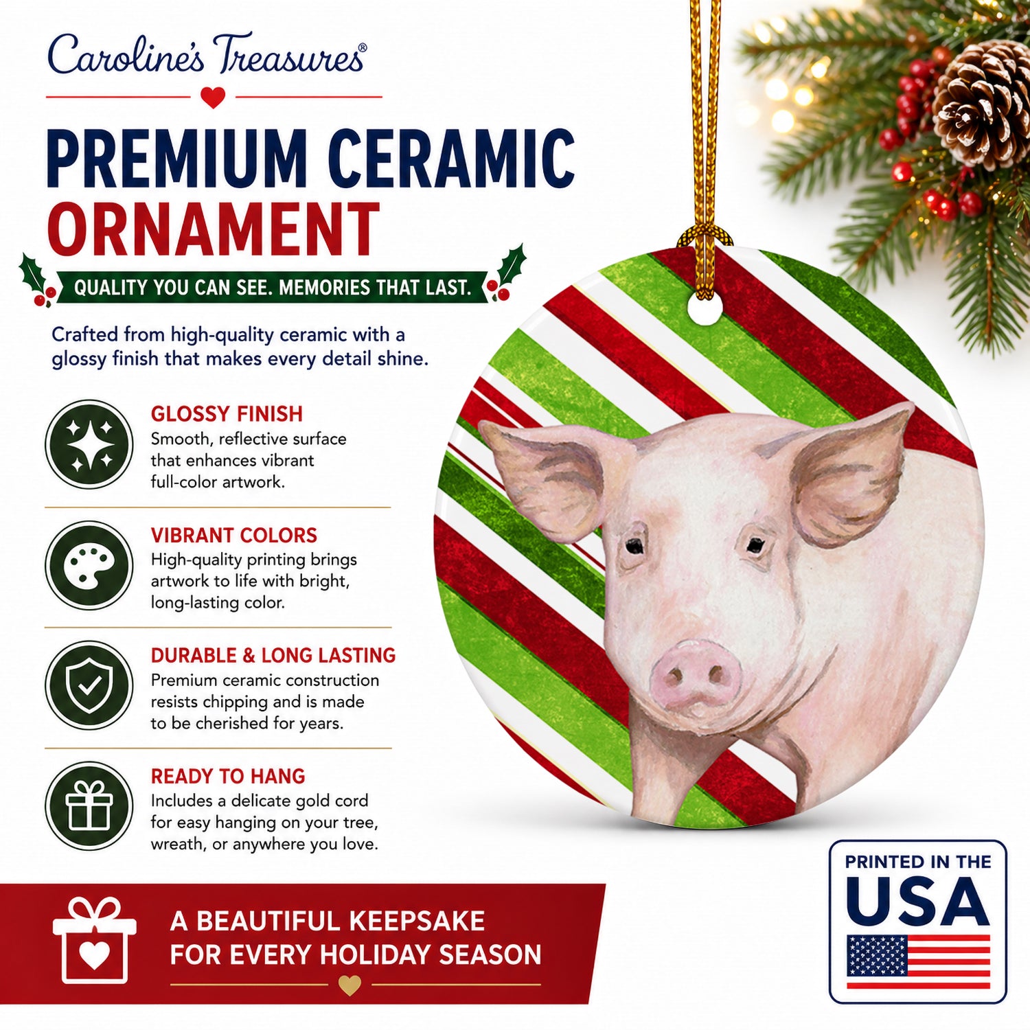Pig Candy Cane Holiday Christmas Ceramic Ornament Christmas Tree Hanging Decorations for Home Christmas Holiday, Party, Gift, 3 in, Multicolor