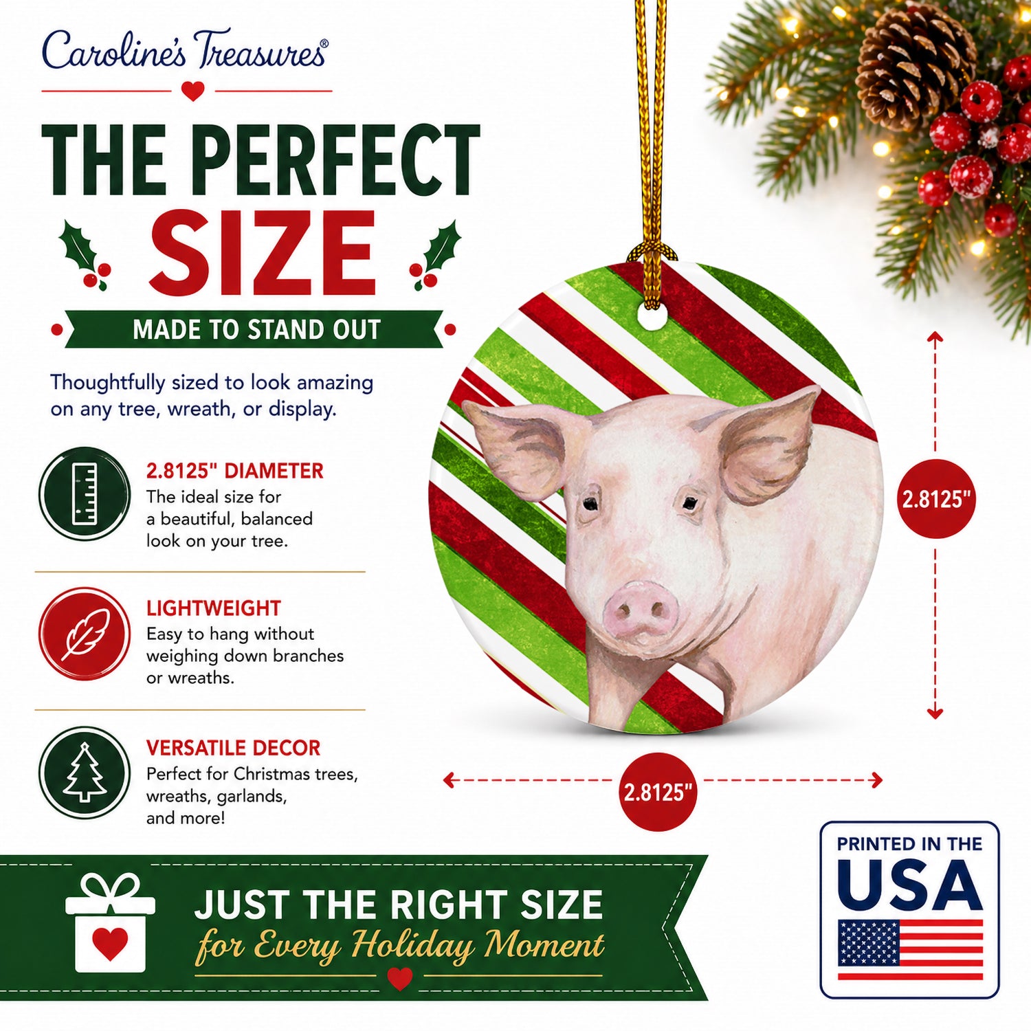 Pig Candy Cane Holiday Christmas Ceramic Ornament Christmas Tree Hanging Decorations for Home Christmas Holiday, Party, Gift, 3 in, Multicolor