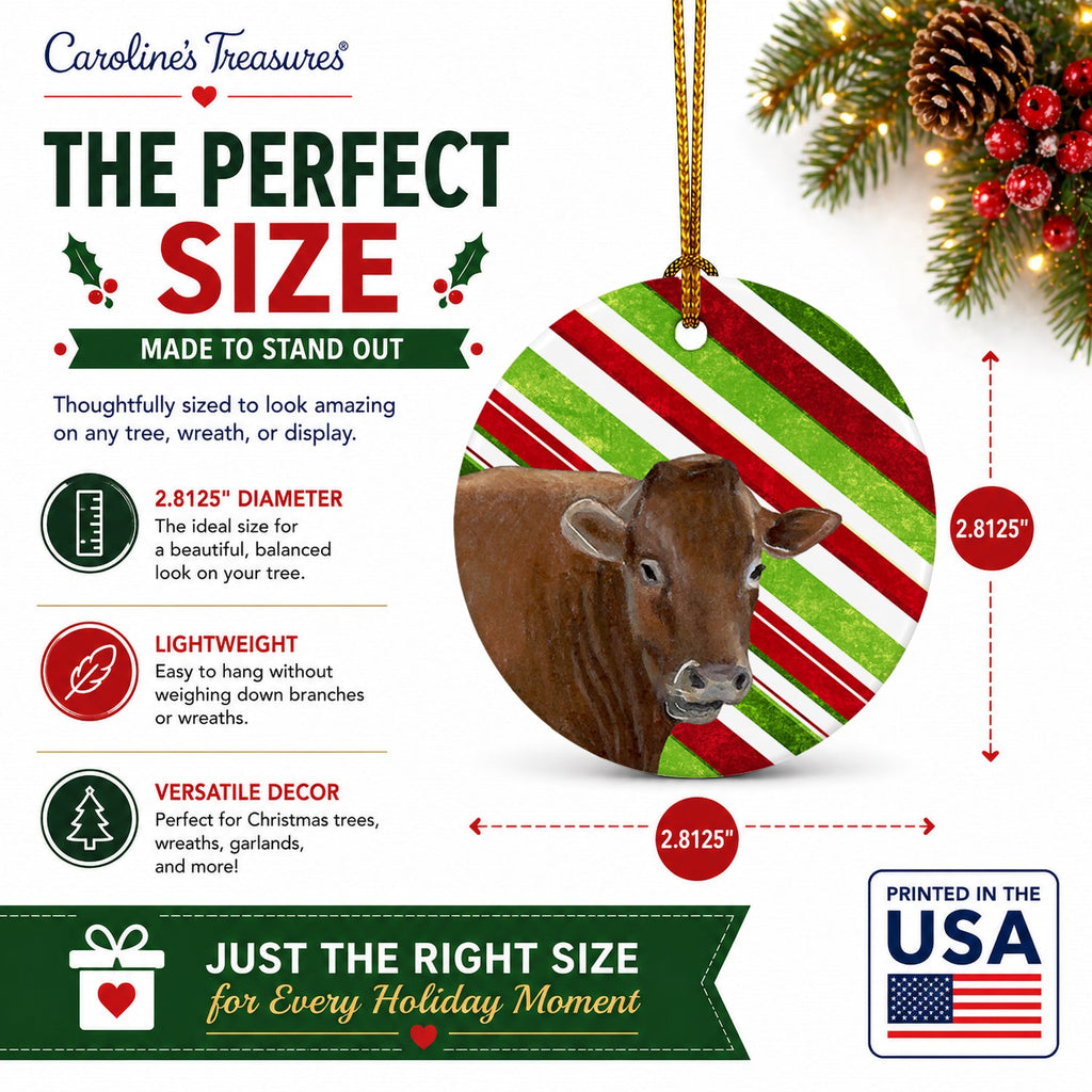 Cow Candy Cane Holiday Christmas Ceramic Ornament Christmas Tree Hanging Decorations for Home Christmas Holiday, Party, Gift, 3 in, Multicolor