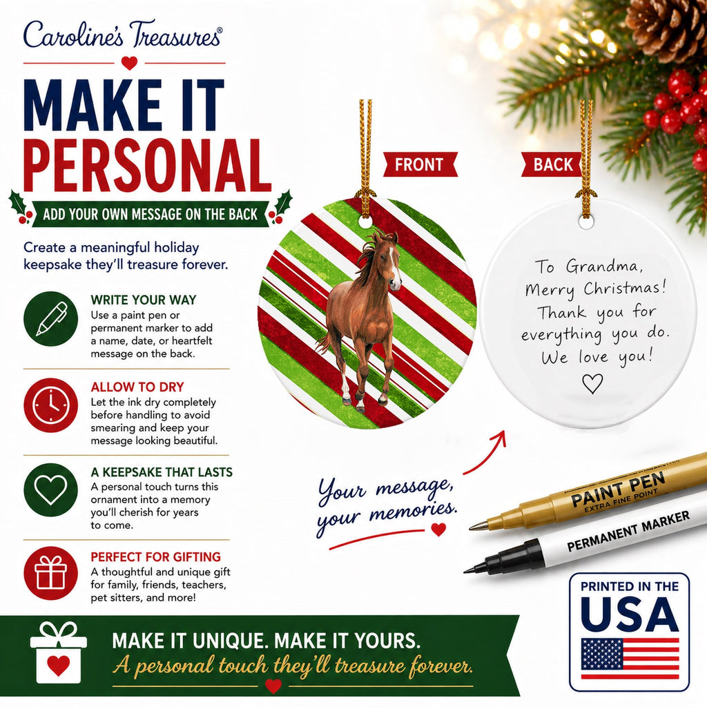 Horse Candy Cane Holiday Christmas Ceramic Ornament Christmas Tree Hanging Decorations for Home Christmas Holiday, Party, Gift, 3 in, Multicolor