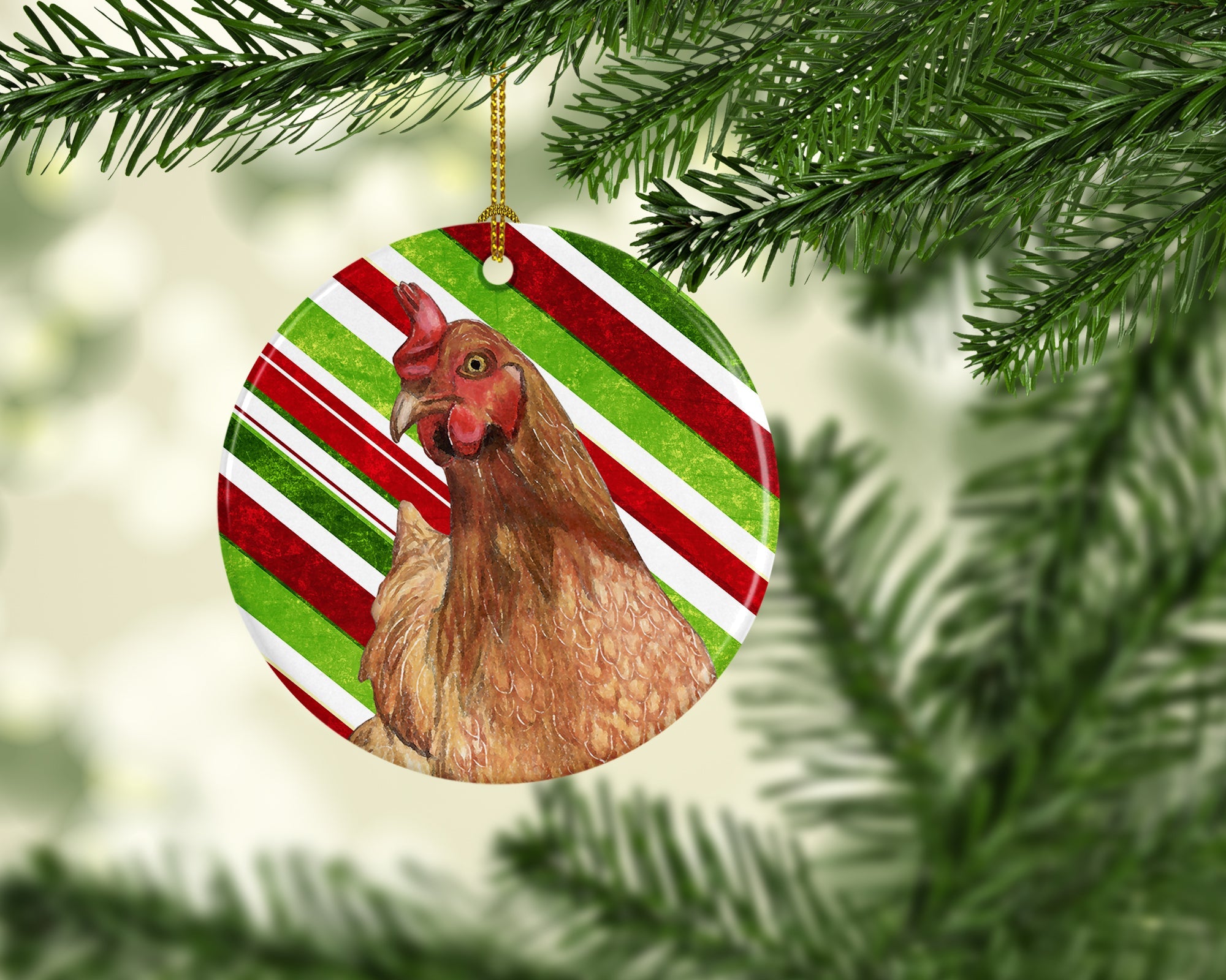 Chicken Candy Cane Holiday Christmas Ceramic Ornament Christmas Tree Hanging Decorations for Home Christmas Holiday, Party, Gift, 3 in, Multicolor
