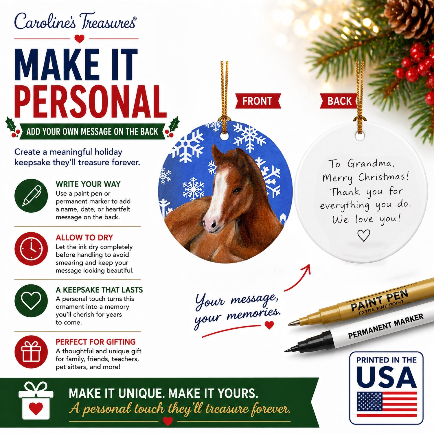 Horse Foal Winter Snowflakes Holiday Ceramic Ornament Christmas Tree Hanging Decorations for Home Christmas Holiday, Party, Gift, 3 in, Multicolor